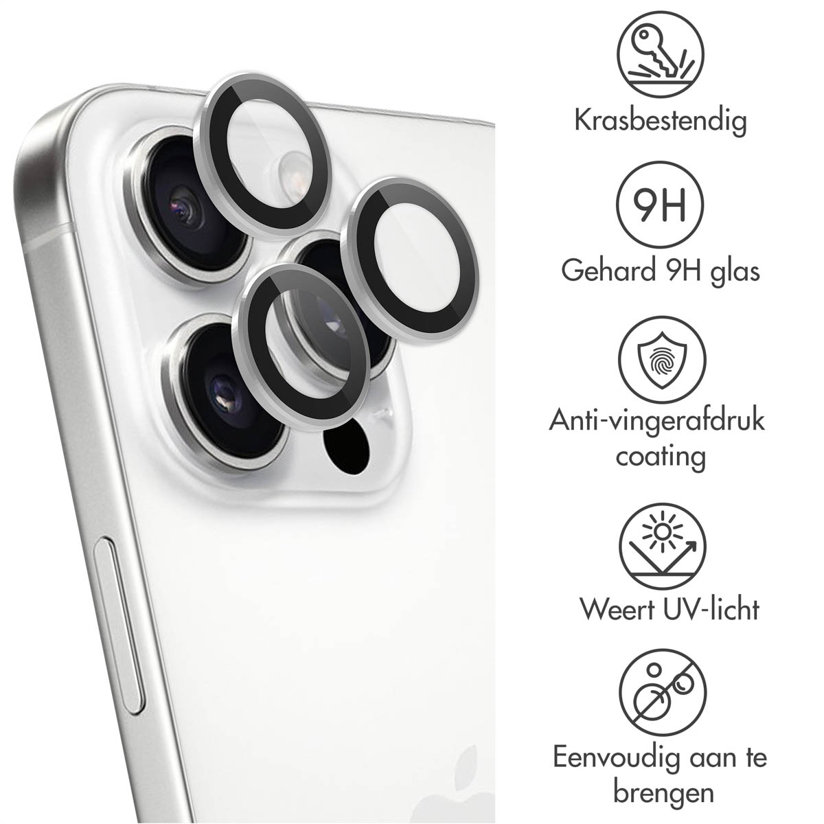 Caméra de téléphone avec protecteurs d'objectif. Protecteurs transparents sur les objectifs, avec icônes de fonctionnalités.