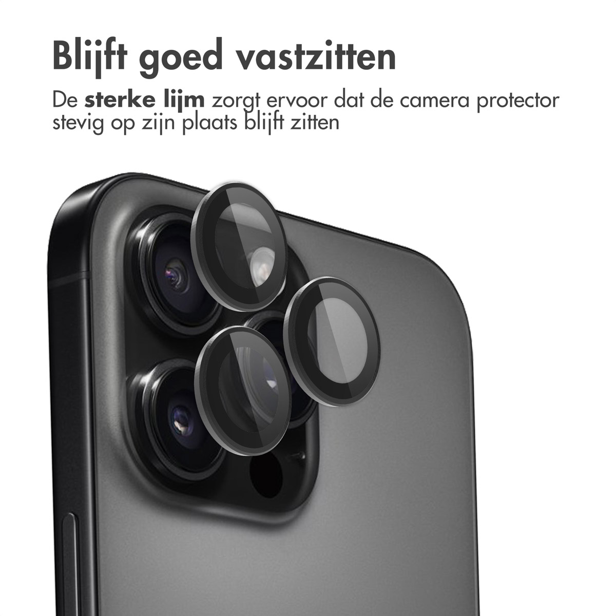 Lentilles de protection d'objectif de caméra de téléphone en place. Le texte dit que la colle forte maintient.