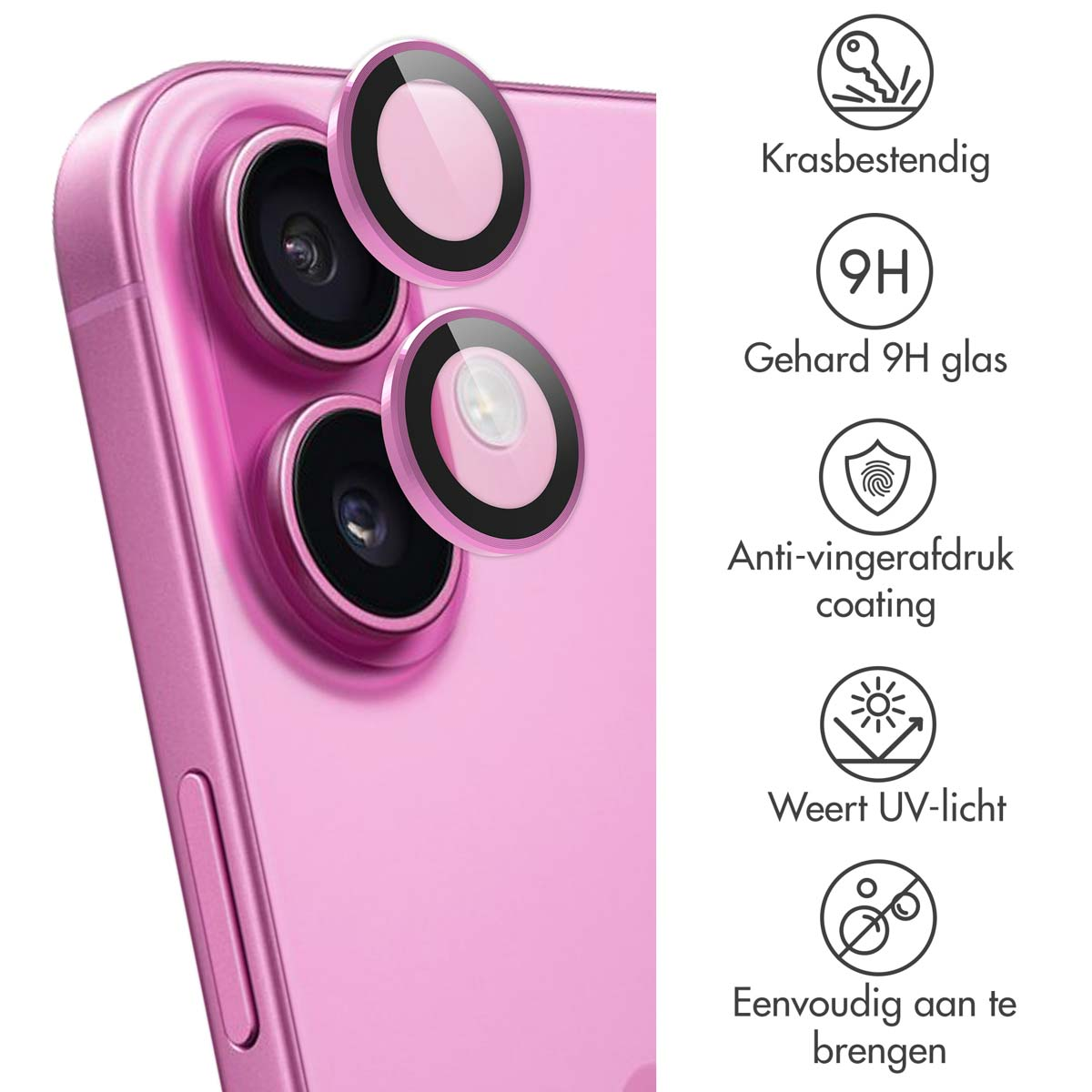 Een close-up van een roze telefoon met drie cameralenzen. Beschermende functies staan vermeld.