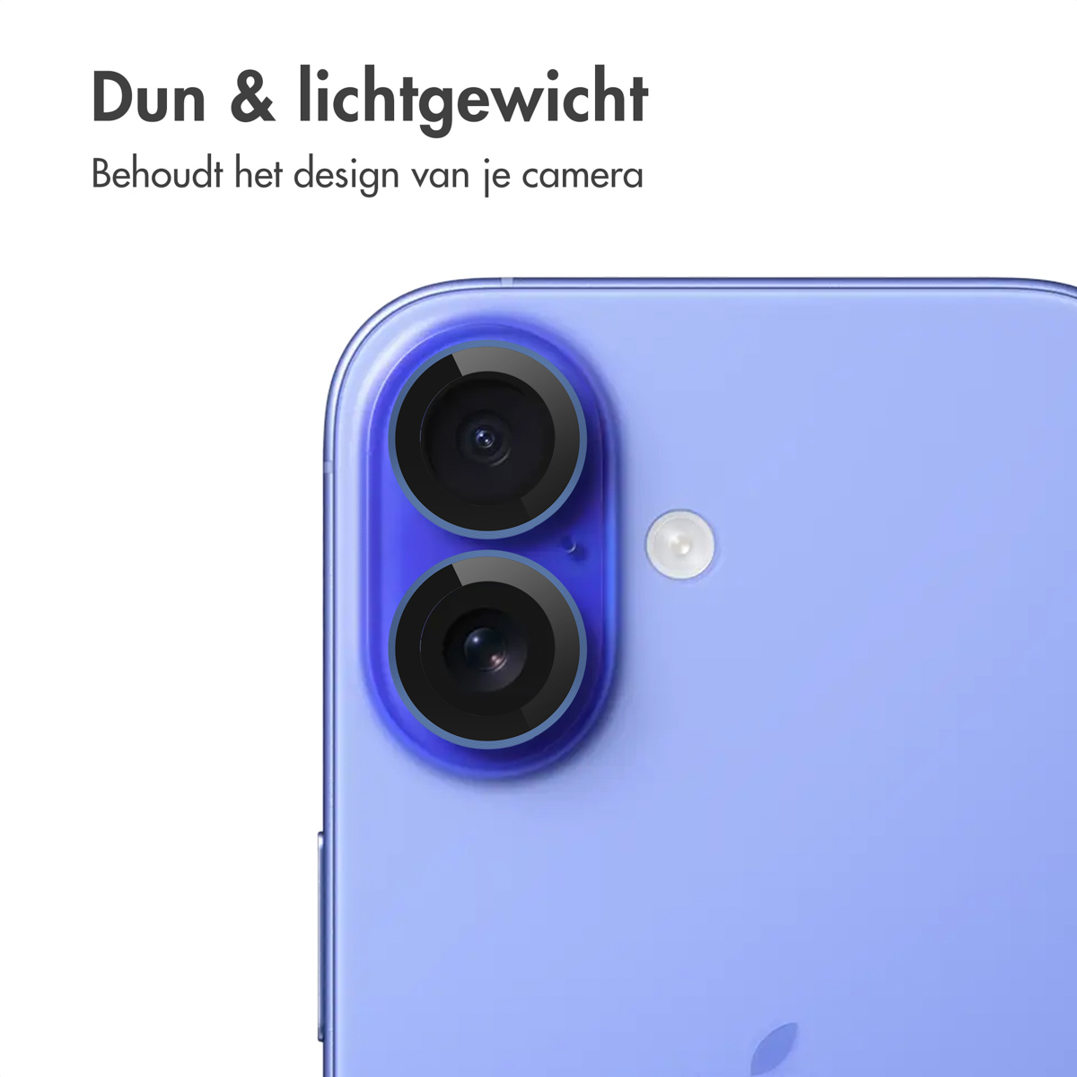 Close-up van een paarse telefoon met camerabeschermers. De tekst zegt: 'Dun & lichtgewicht'.