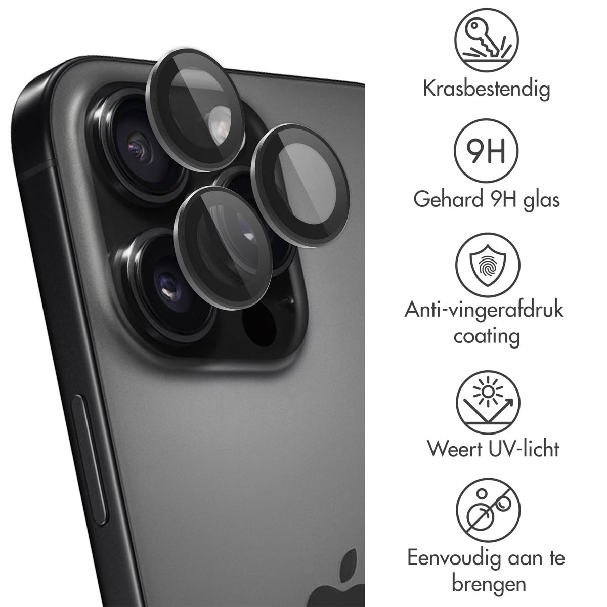 iPhone avec protections d'objectif de caméra installées, avec des icônes montrant les caractéristiques de protection.