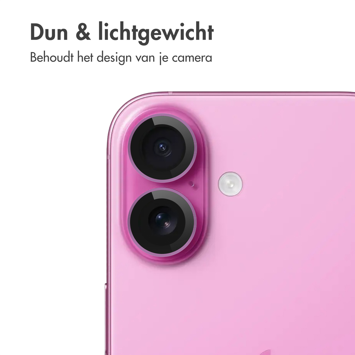 Een telefooncamera met een roze hoes en lensbeschermers. Tekst zegt dat het het ontwerp behoudt.