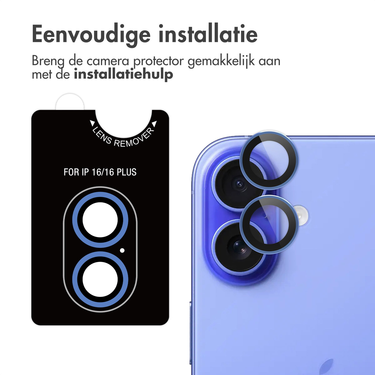 Installatiekit voor cameralensbeschermer. De kit bevat een lensverwijderingstool en een beschermer voor een iPhone.