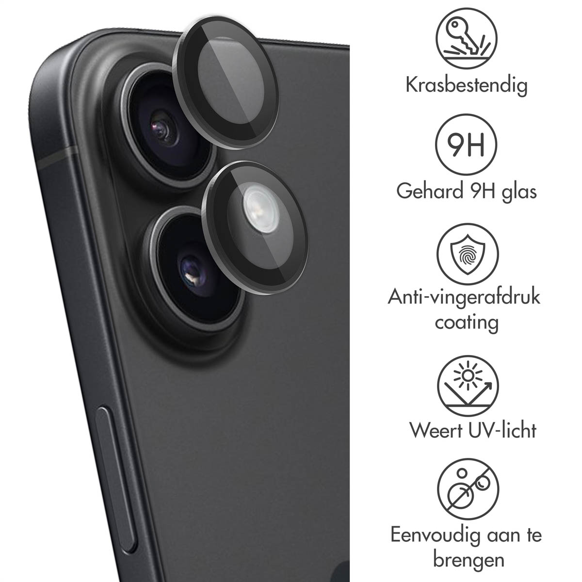 Smartphone cameralensbeschermers op een zwarte telefoon. Kenmerken zijn krasbestendigheid, 9H glas en anti-vingerafdruk coating.
