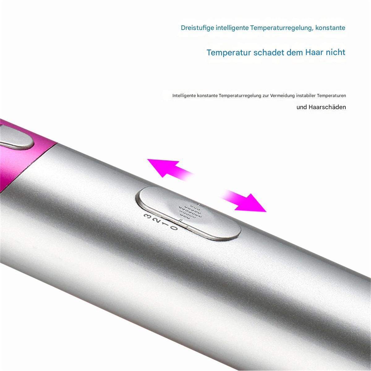 Nahaufnahme eines silbernen Haarstyling-Tools mit rosa Knopf. Text zeigt Temperatureinstellungen an.
