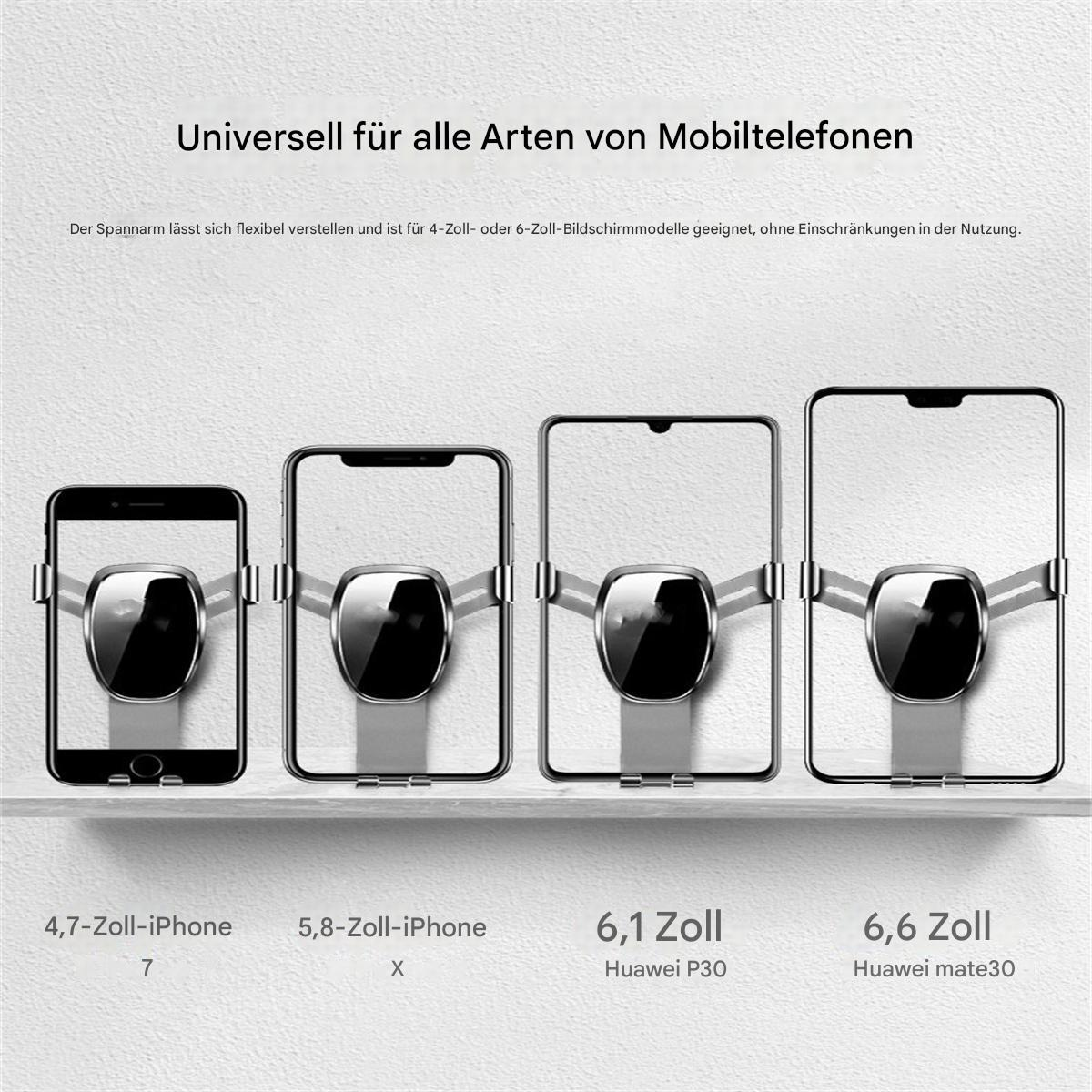 Vier Telefone in einer Halterung. Verschiedene Telefone in silberner Halterung auf weißem Grund.