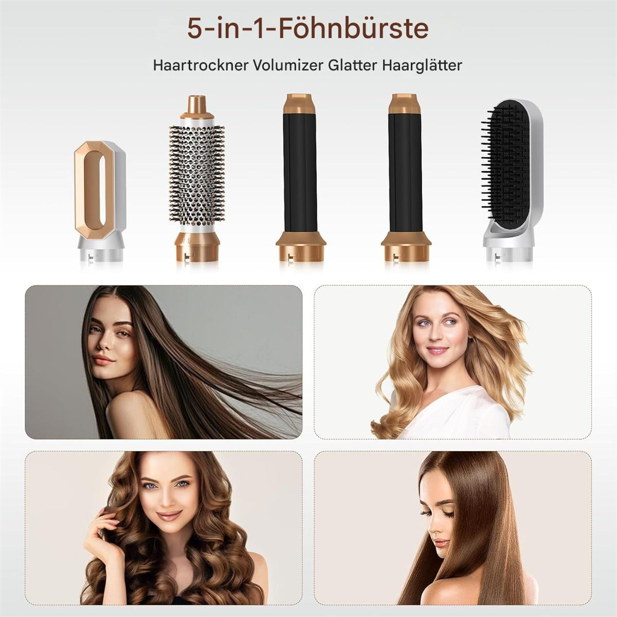 Eine Sammlung von Haarstyling-Tools und Bildern mit verschiedenen Frisuren.