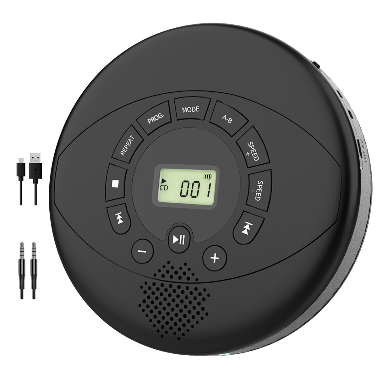 Schwarzer tragbarer CD-Player mit Knöpfen, Display und einigen Kabeln. Rundes Design.