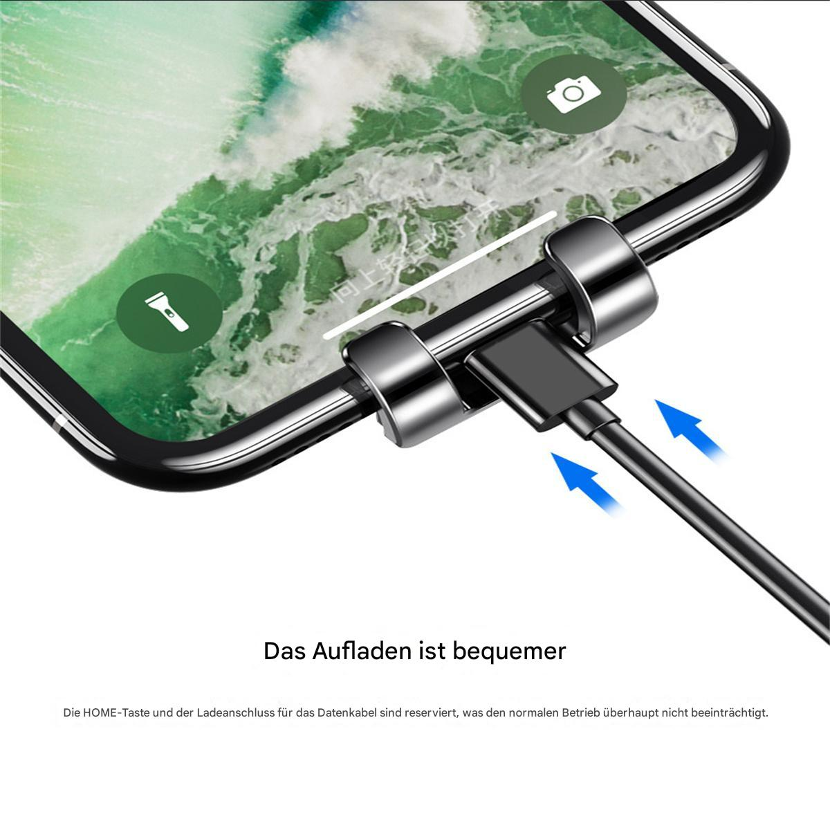 Ein Telefon wird mit einem Kabel aufgeladen. Der Bildschirm zeigt Symbole und einen Ladestatus an.