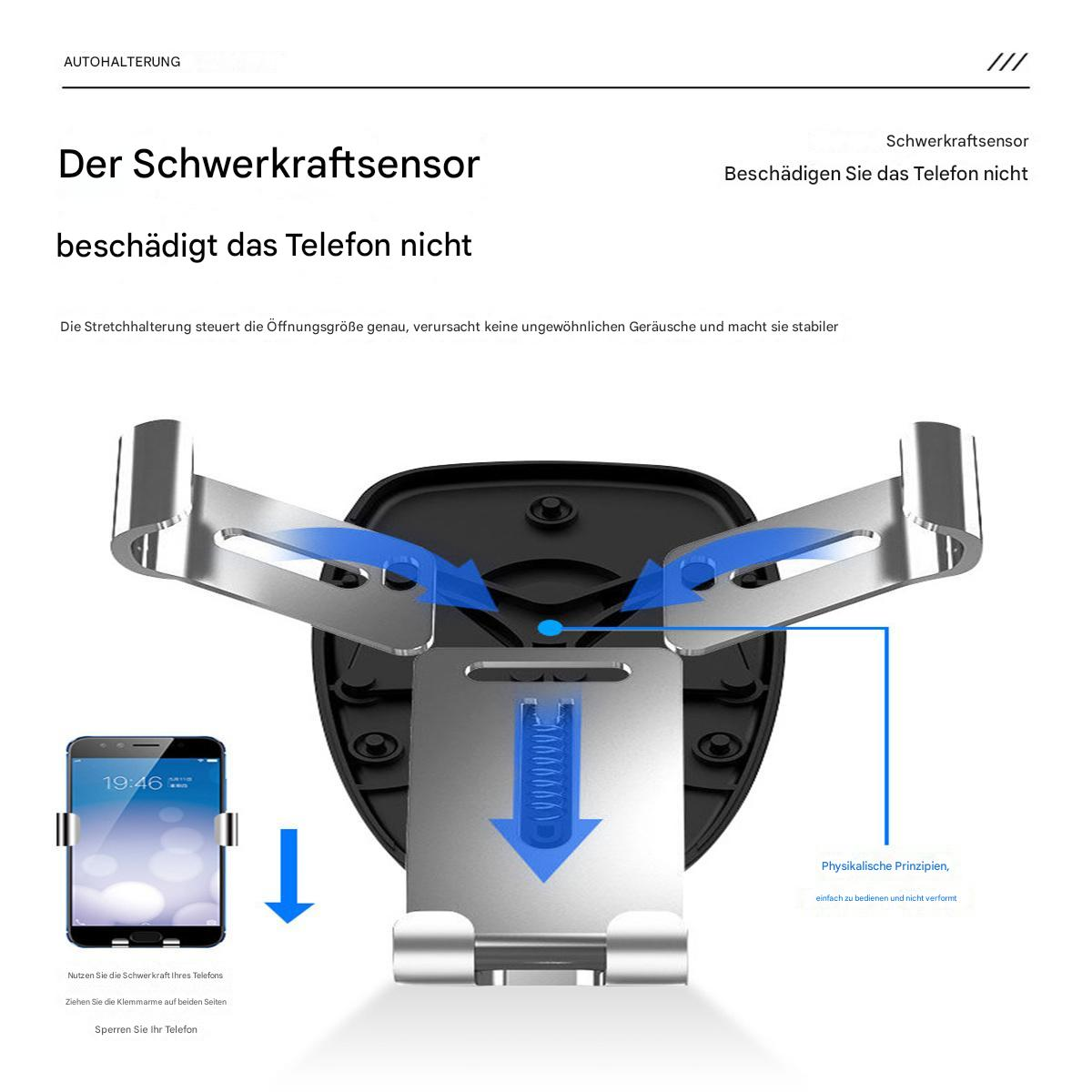 Diagramm eines Telefonhalters für ein Auto. Pfeile zeigen, wie das Telefon in den Halter gelegt wird.