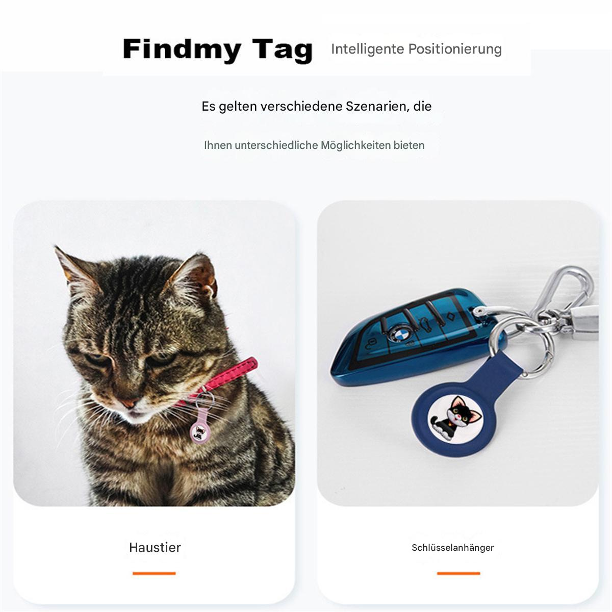 Eine Katze mit rosa Halsband und ein Schlüsselanhänger mit einem Haustieranhänger am Schlüsselring.