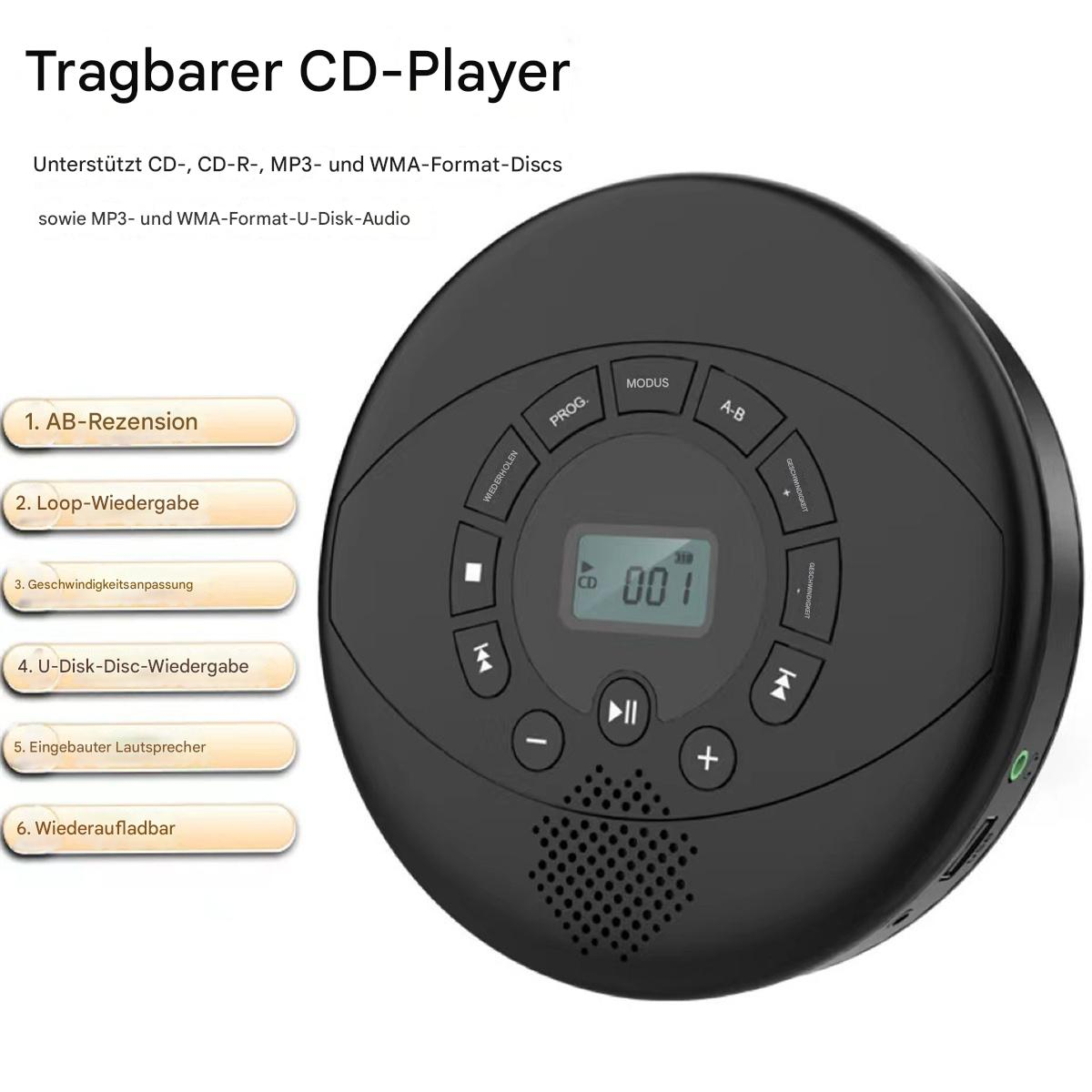 Ein schwarzer CD-Player mit Knöpfen, einem Display und Text auf Deutsch.