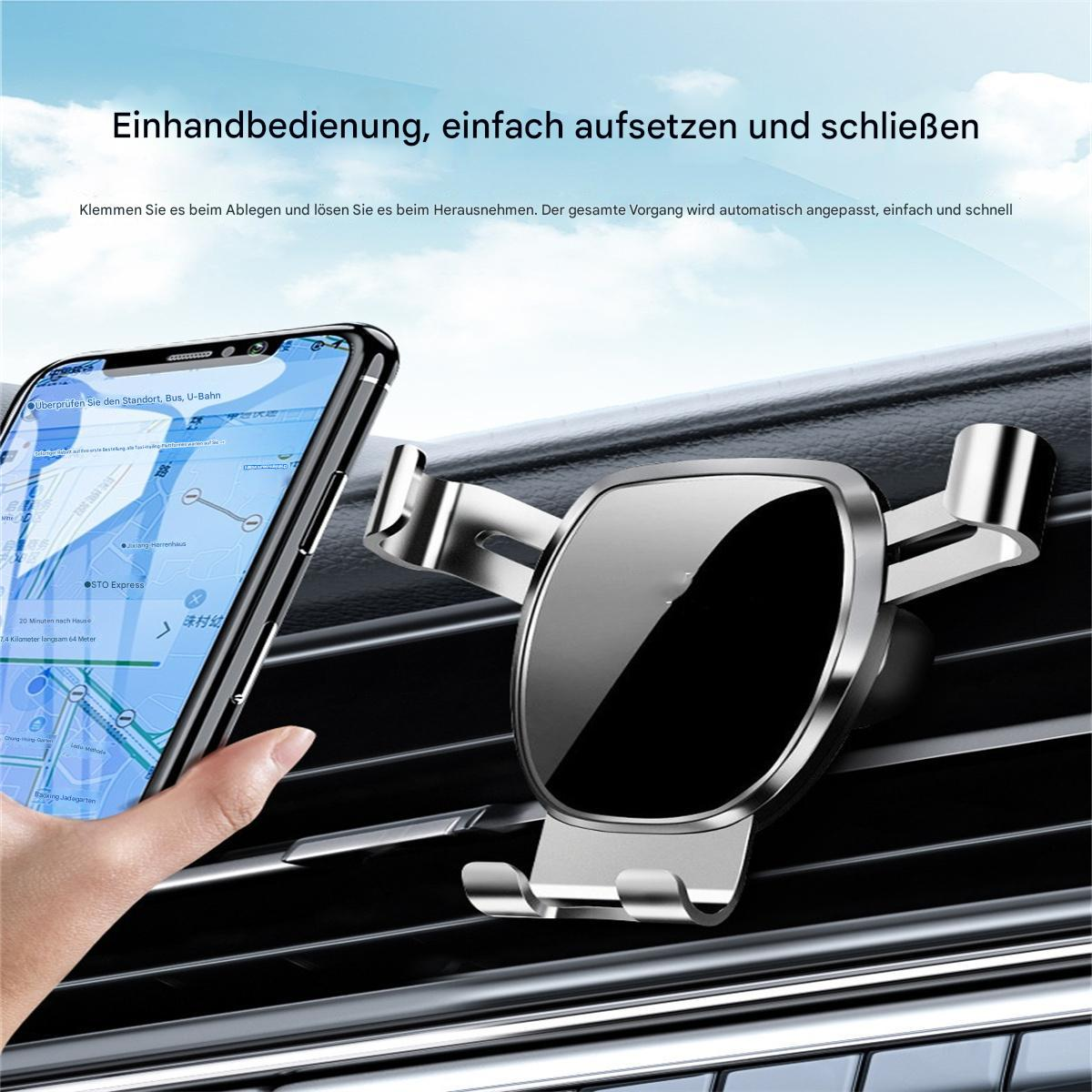 Ein Telefon an einer Lüftungsöffnung im Auto befestigt, mit einer Karte auf dem Bildschirm.