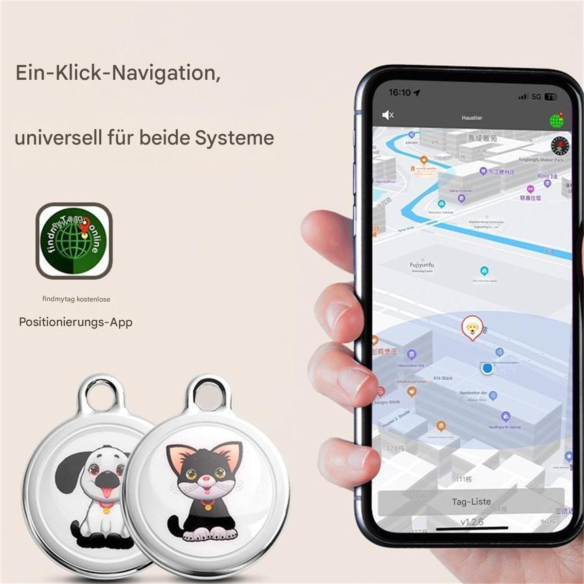 Zwei Haustieranhänger mit Hund und Katze. Telefon zeigt Karte mit Hunde-Symbol.