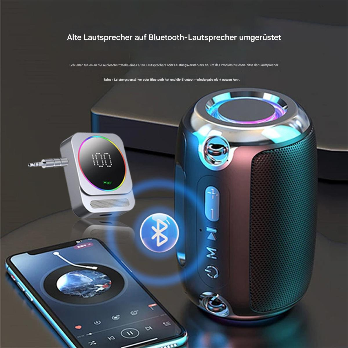 Bluetooth-Lautsprecher mit Telefon und Empfänger. Text und Logo. Dunkler Hintergrund.