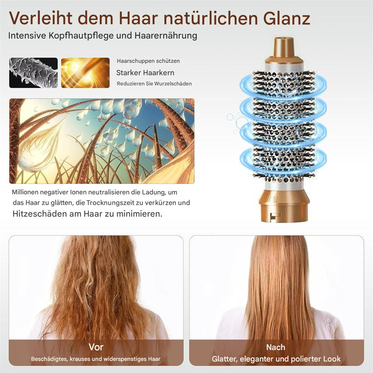 Haarstyling-Tool und Vorher/Nachher-Haarbilder zeigen Schäden zu glattem Haar.