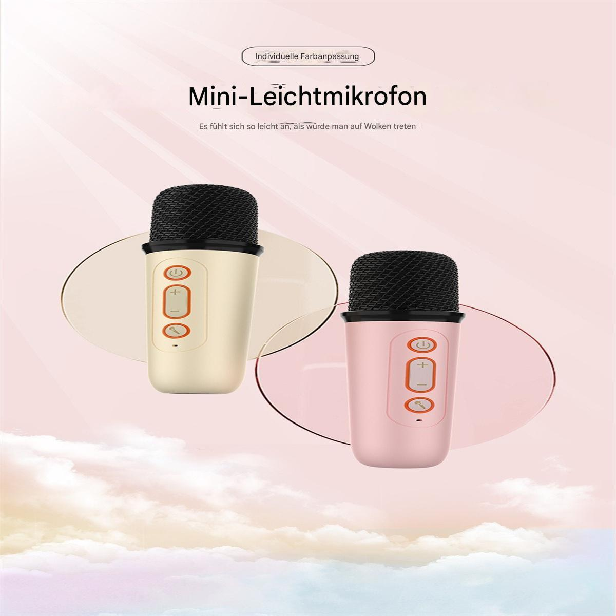 Zwei Mini-Mikrofone, eines beige und eines rosa, auf hellem Hintergrund.