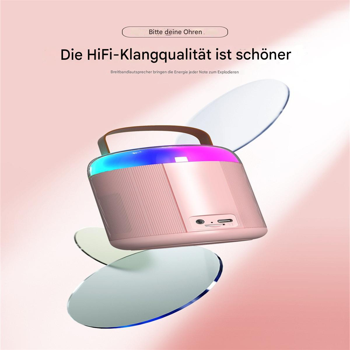 Ein rosa Lautsprecher mit Griff und farbenfrohem Oberteil.