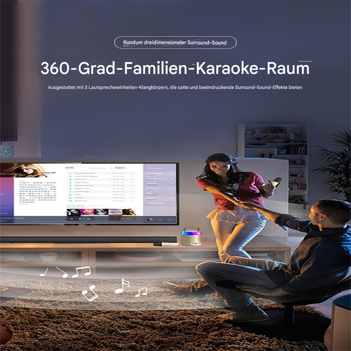 Paar singt Karaoke mit Karaoke-Maschine, Fernseher und schwebenden Noten.