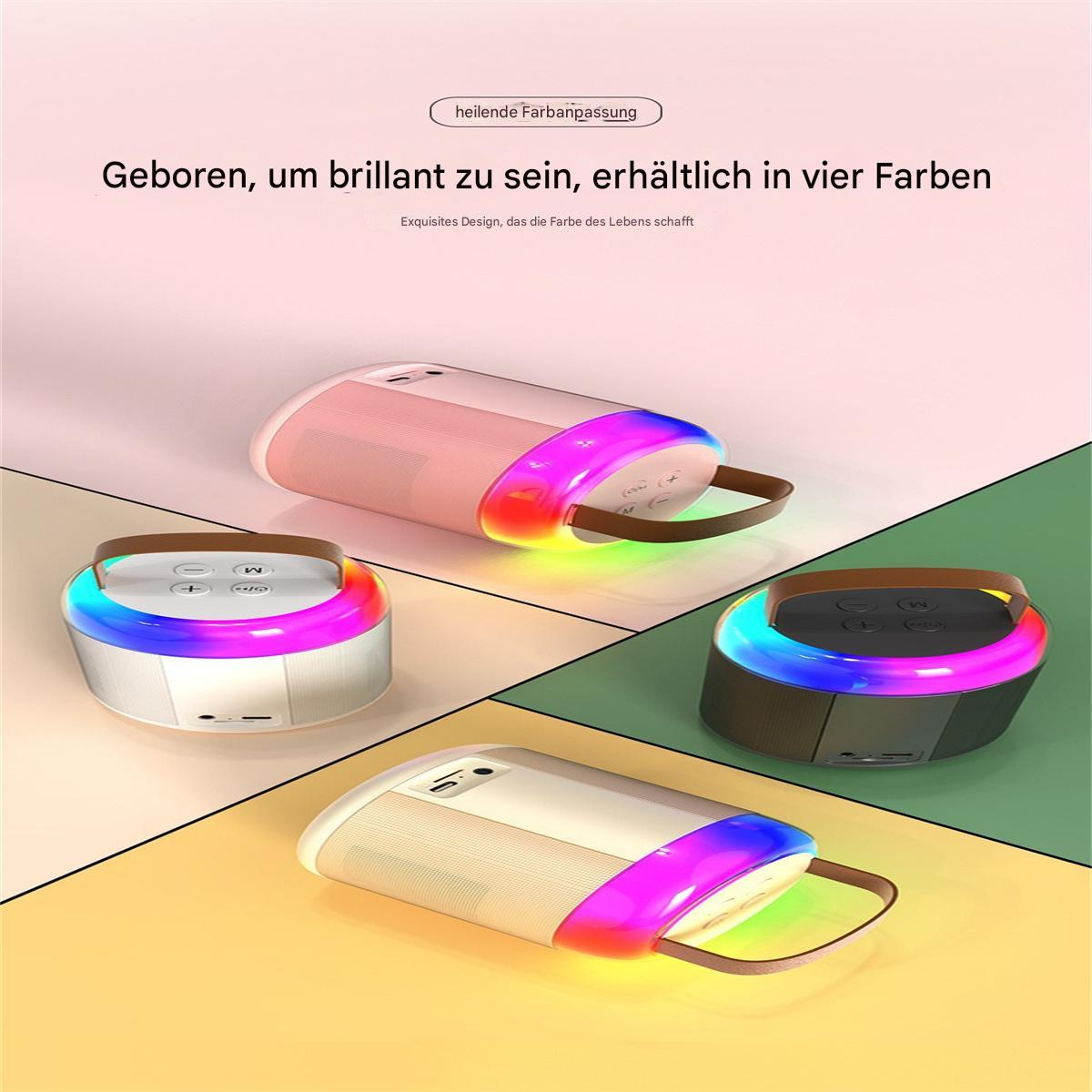 Vier bunte Lautsprecher mit verschiedenen Farbverläufen und Tragegriffen.