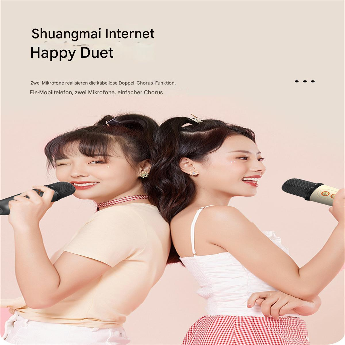 Zwei Frauen mit Mikrofonen, lächelnd. Text sagt 'Shuangmai Internet Happy Duet'.