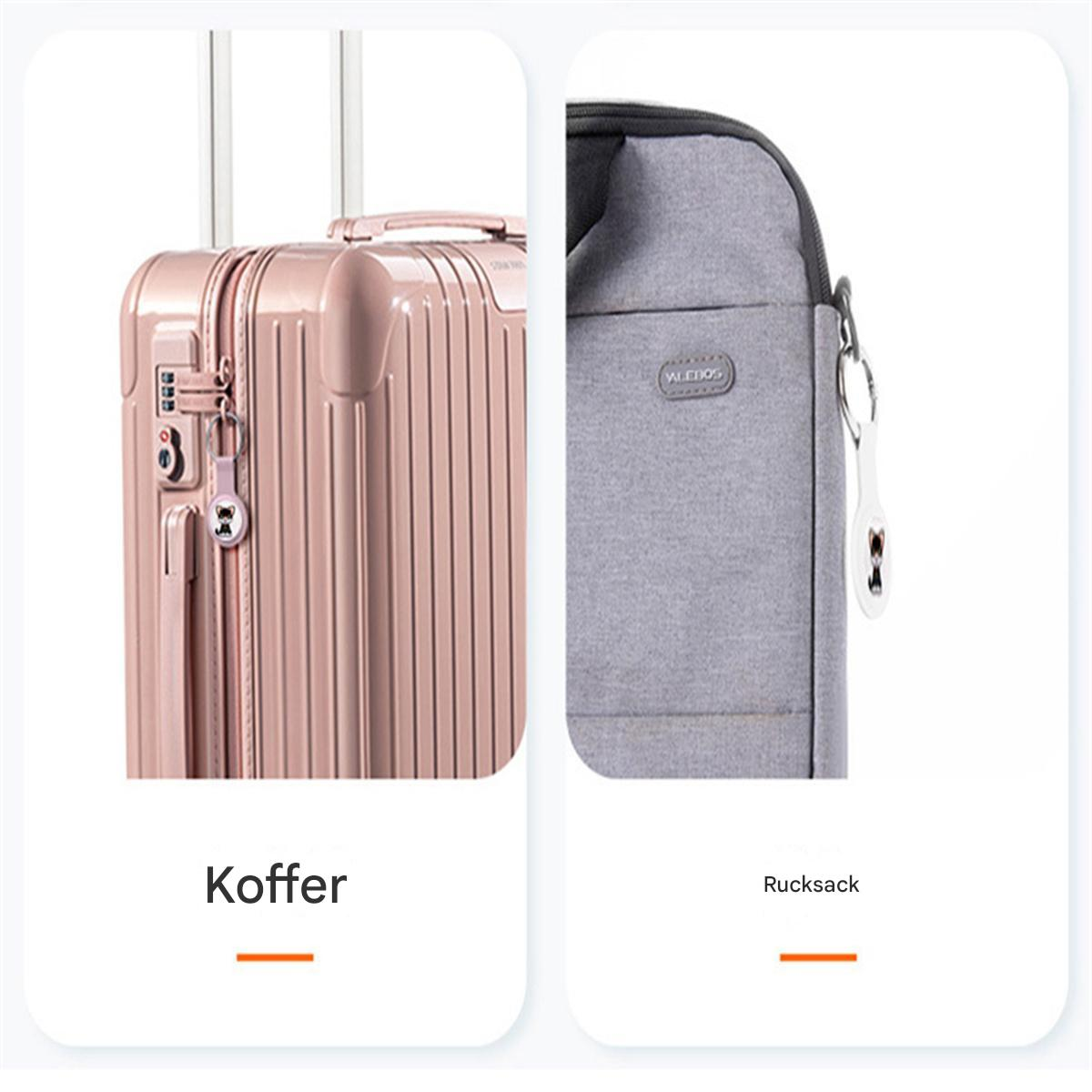 Pinkfarbener Koffer und grauer Rucksack mit Katzenanhänger. Textbezeichnungen: Koffer, Rucksack.