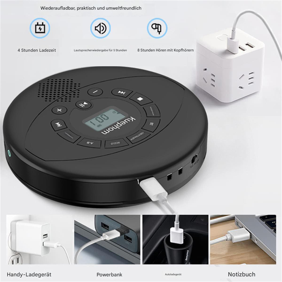 Schwarzer tragbarer CD-Player mit Ladekabeln und Netzadaptern.