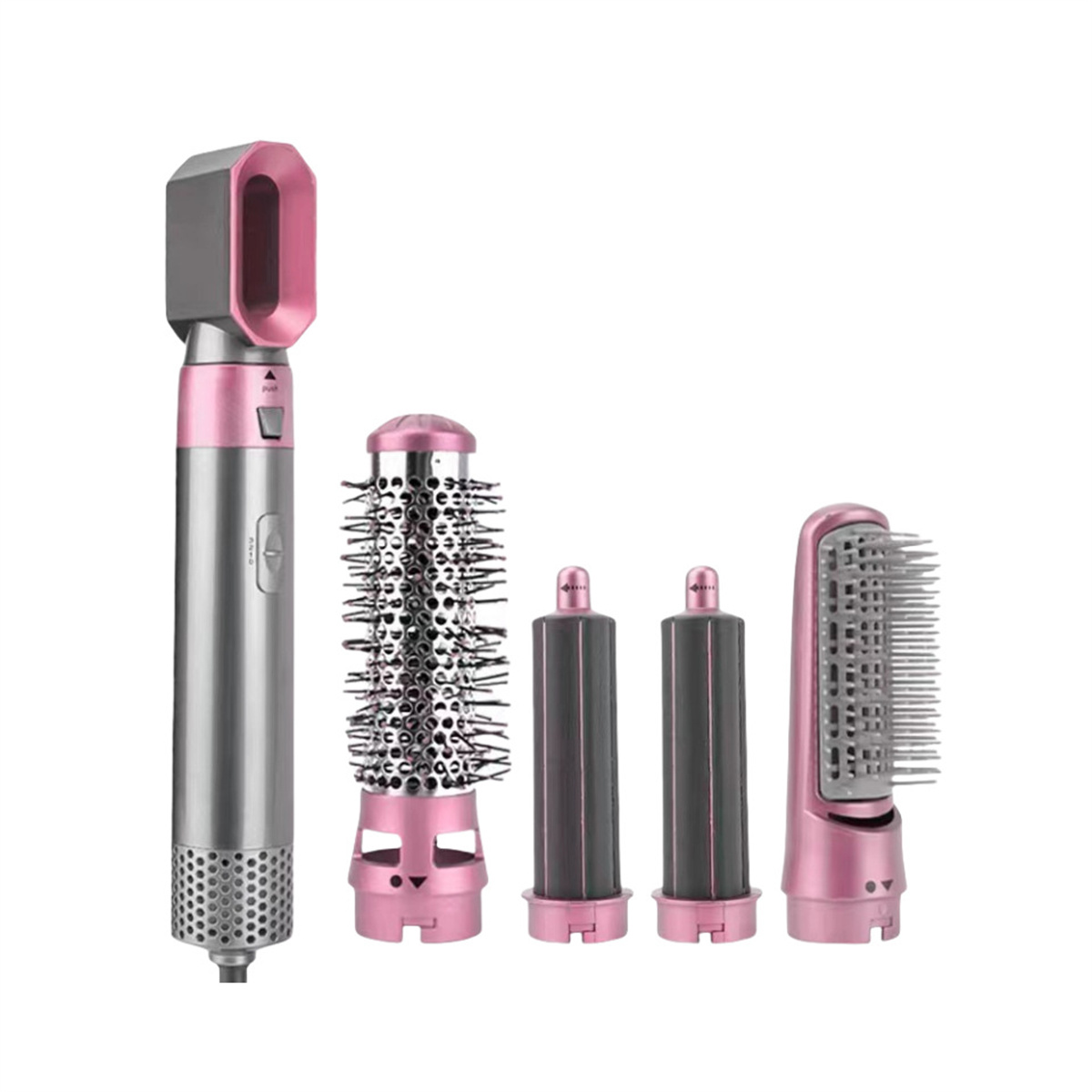 Ein Haarstyling-Werkzeugset mit mehreren Aufsätzen und einem rosa-silbernen Farbschema.