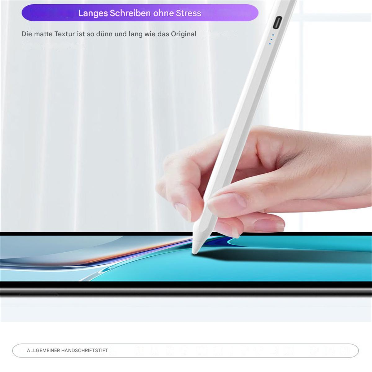 Hand, die einen weißen Stift über einem Tablet-Bildschirm hält, beim Schreiben. Text besagt: sanftes Schreiben.