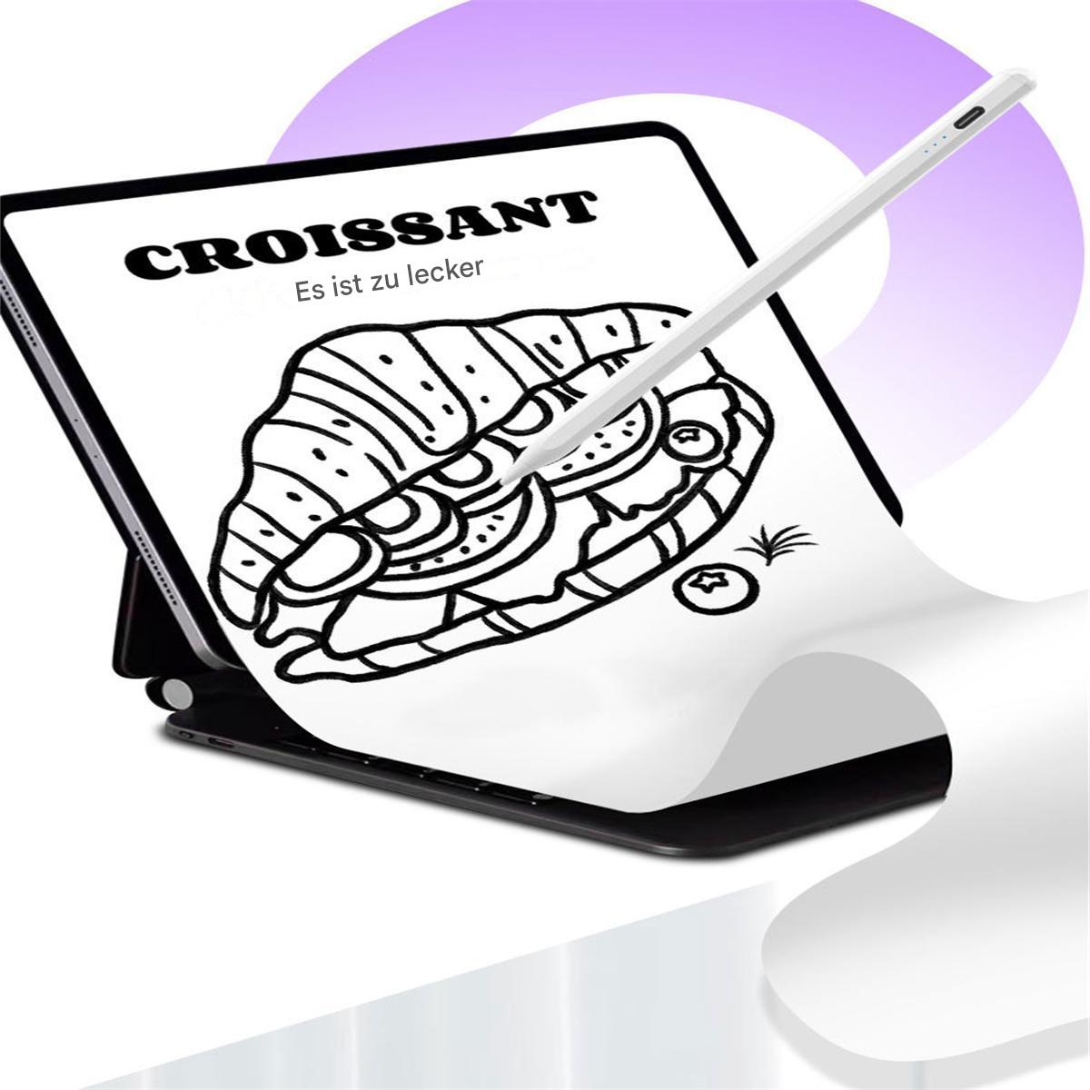 Ein Tablet zeigt eine Zeichnung eines Croissants mit deutschem Text: „Es ist köstlich“.