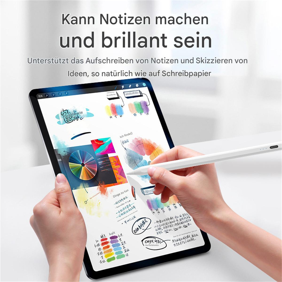 Eine Person verwendet einen Stift auf einem Tablet. Der Tablet-Bildschirm ist mit bunten Zeichnungen gefüllt.