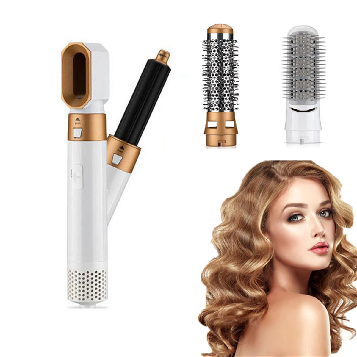Haarstyler mit mehreren Aufsätzen, neben einer Frau mit lockigem Haar.