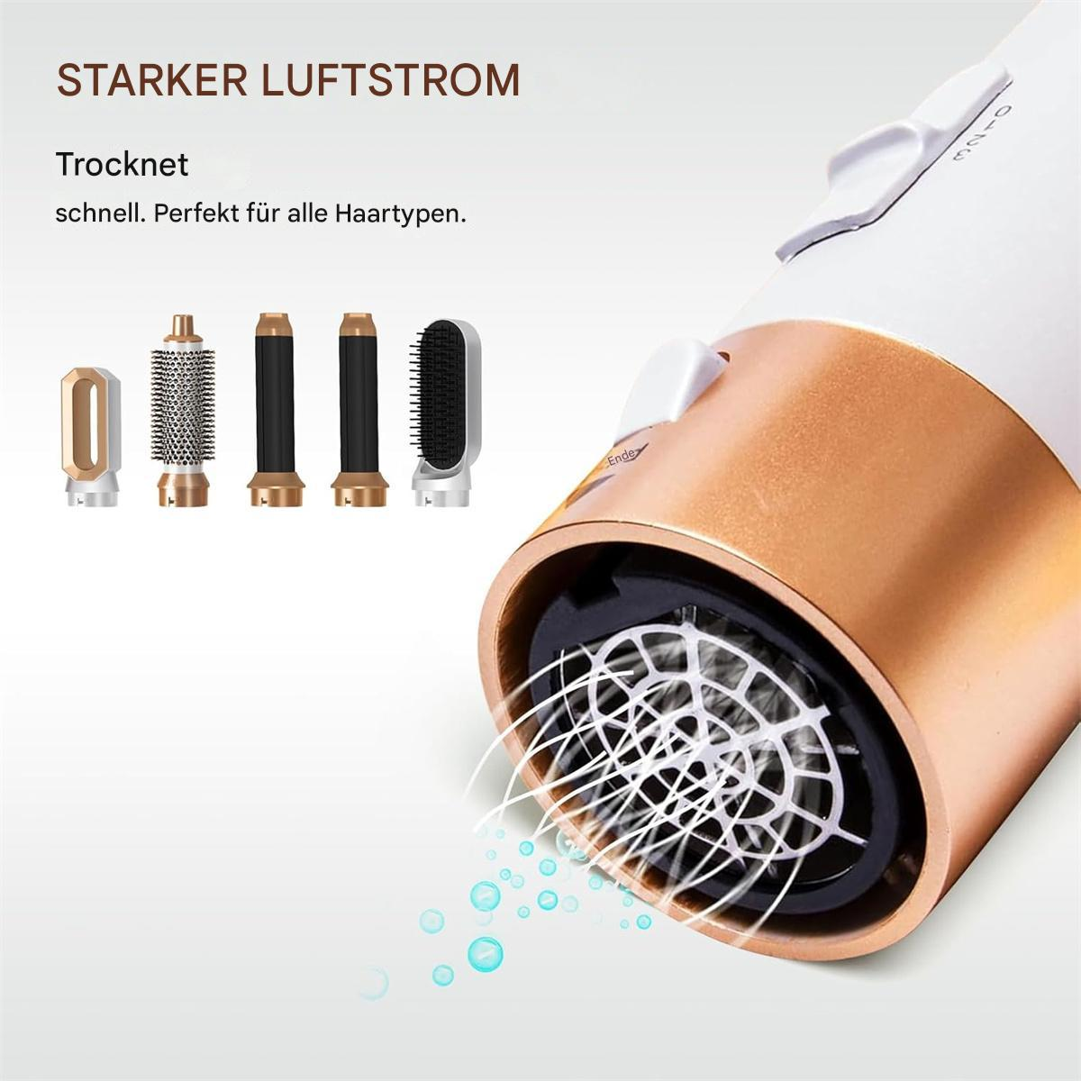 Haartrockner mit Aufsätzen. Wassertröpfchen werden ausgeblasen.