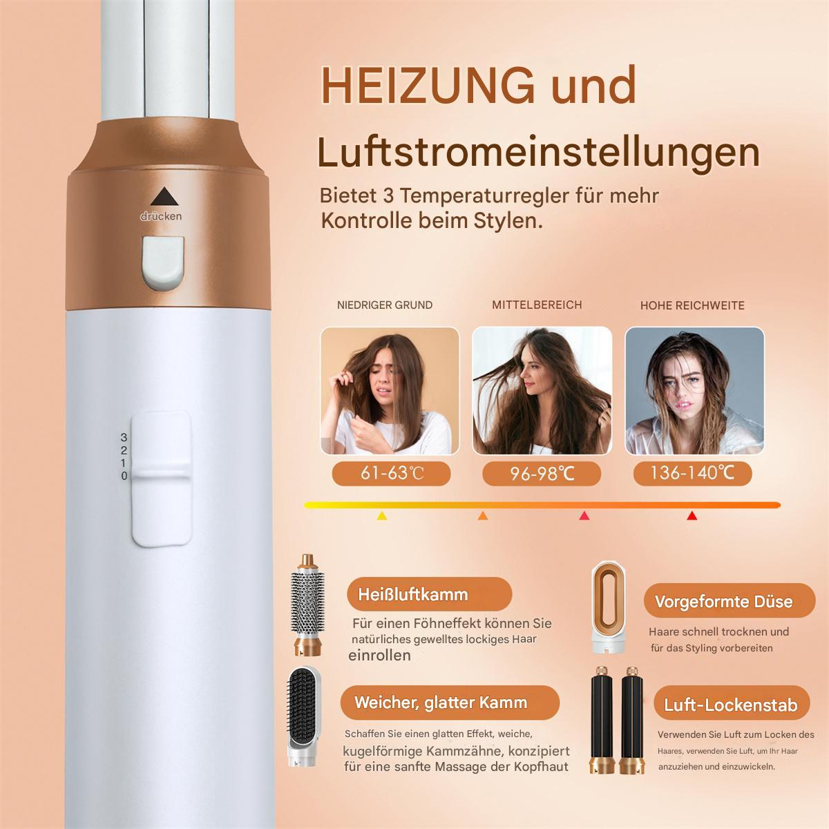 Haarstyling-Gerät mit verschiedenen Aufsätzen und Temperaturanzeige.