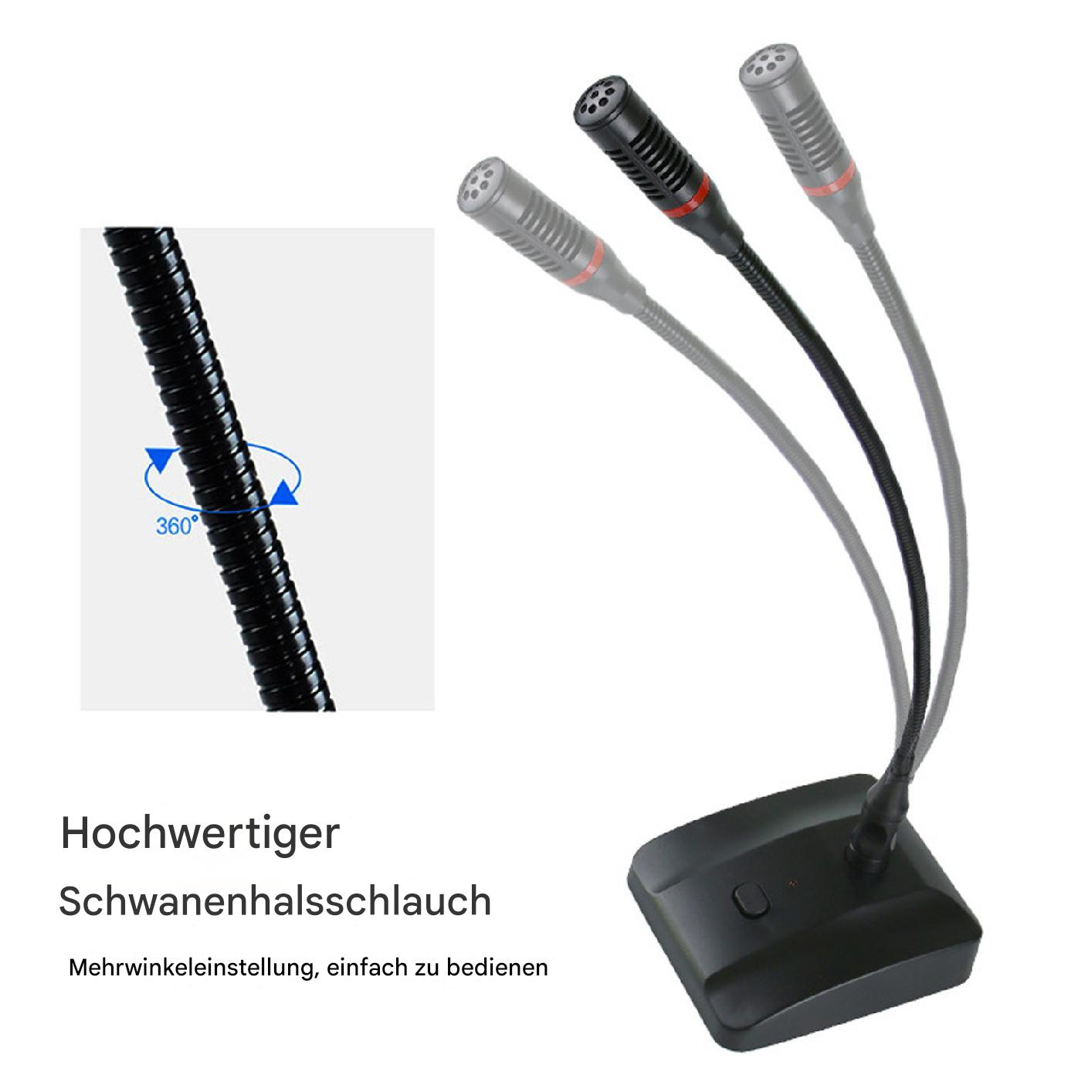 Drei Mikrofone auf flexiblen Schwanenhälsen, mit einem Sockel und Text über die Schwanenhälse.