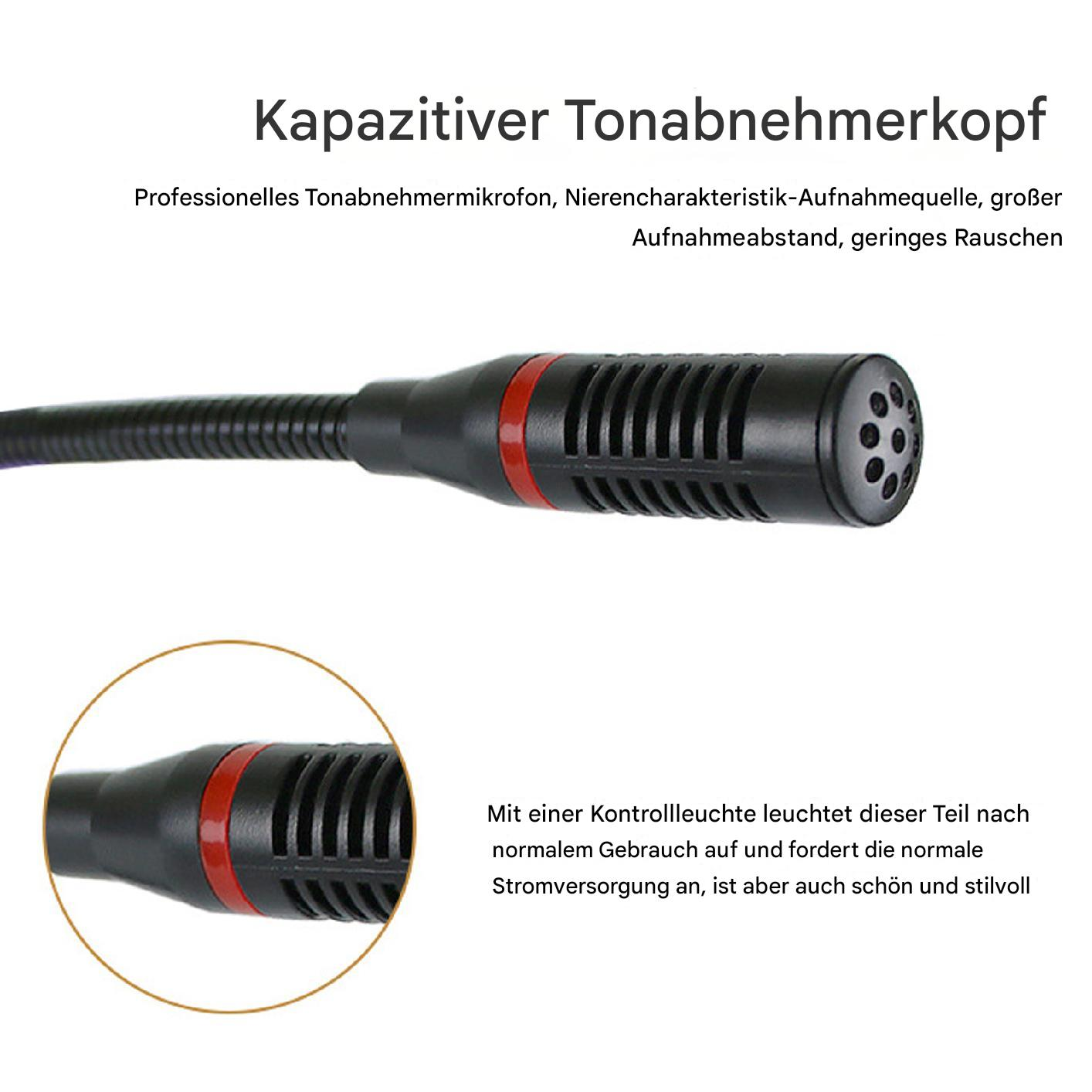 Nahaufnahme eines schwarzen Mikrofons mit roten Akzenten und Text auf Deutsch.