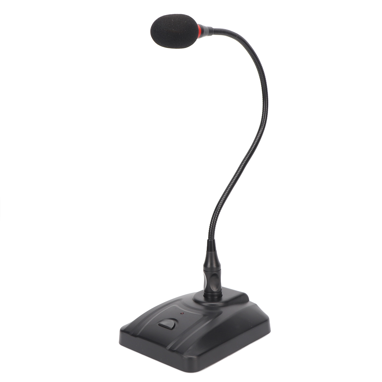 Schwarzes Mikrofon auf einem Ständer mit flexiblem Arm. Schwarze Basis. Weißer Hintergrund.