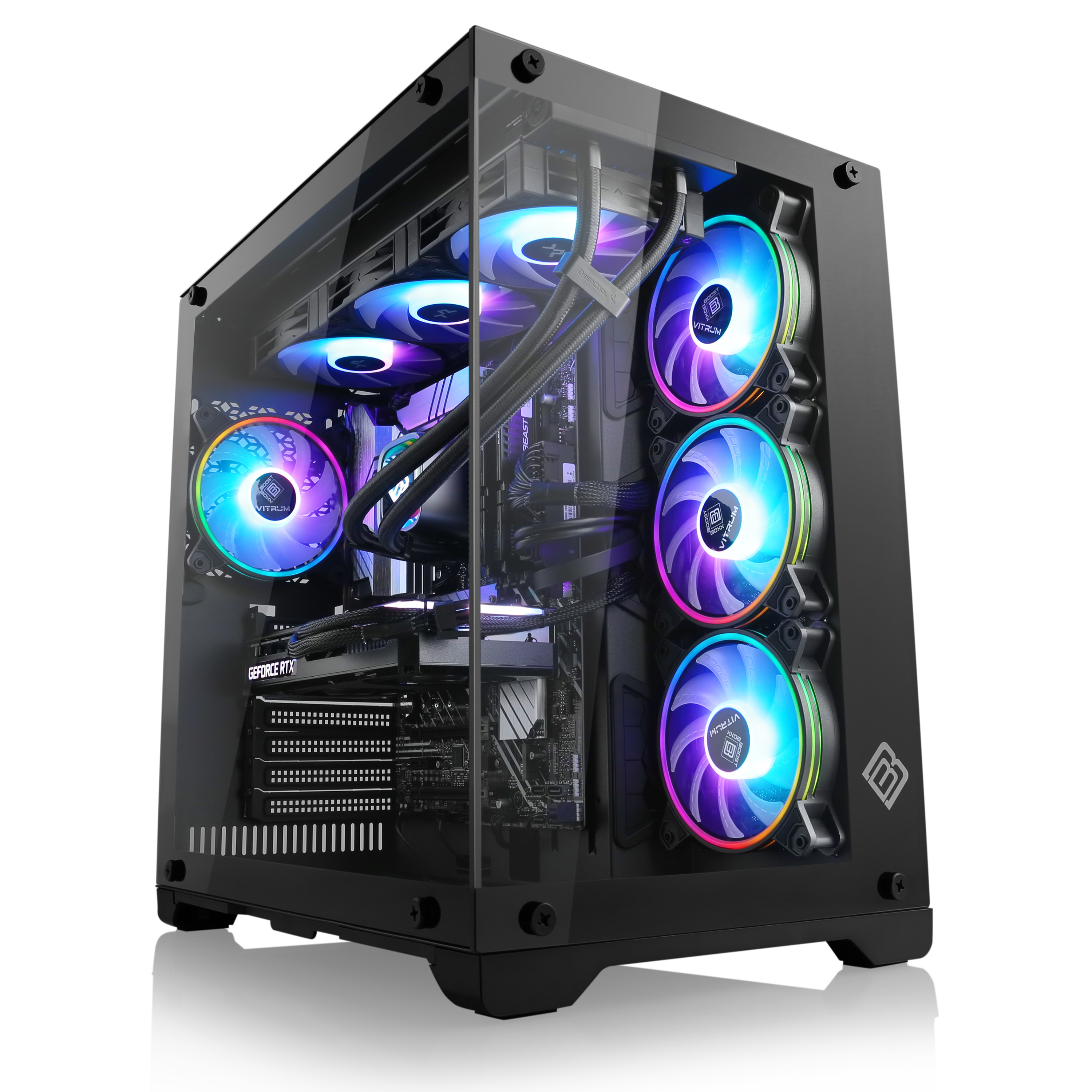 Ein PC-Gehäuse mit Lüftern und sichtbaren Komponenten, beleuchtet in Regenbogenfarben.