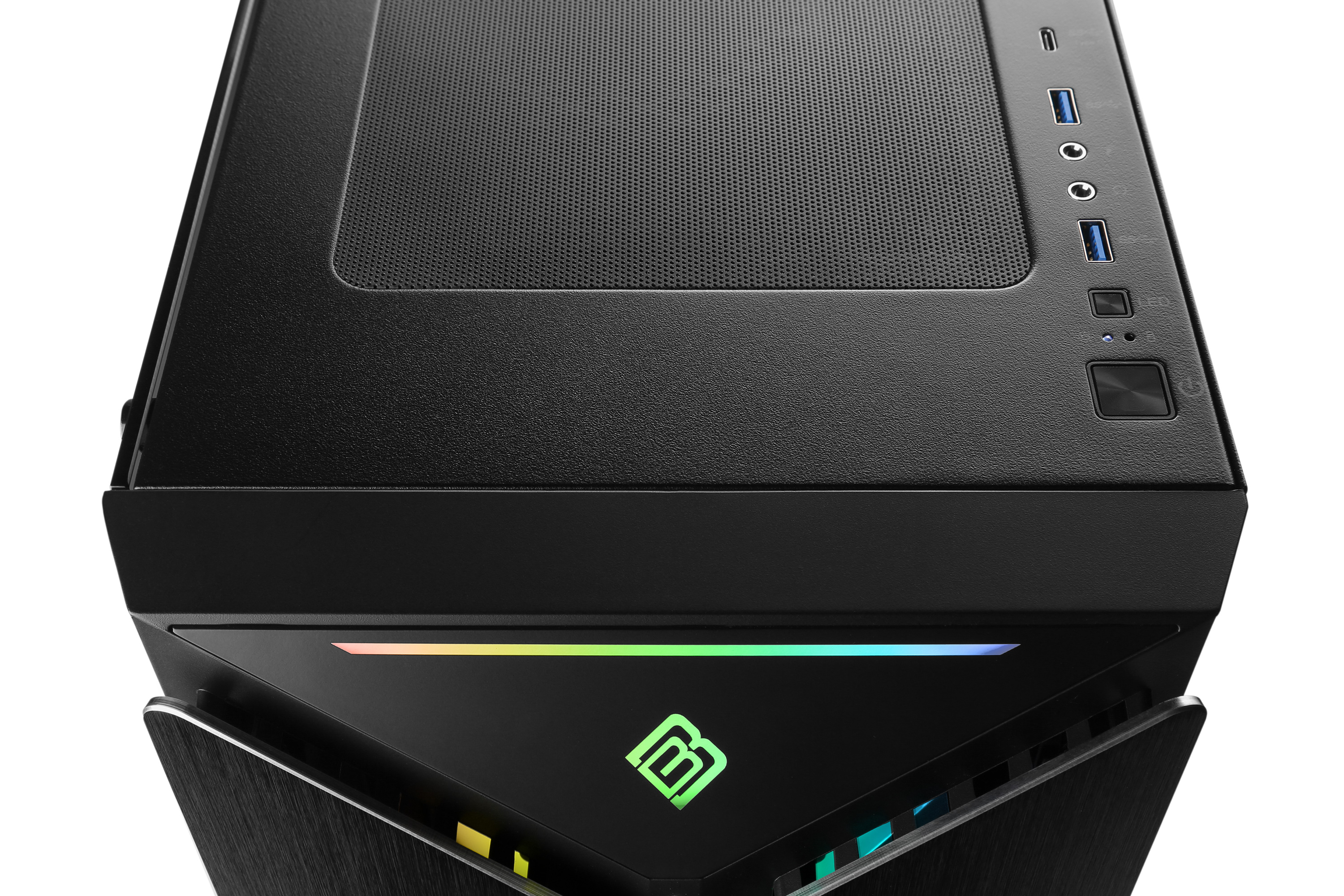Draufsicht auf ein schwarzes Computergehäuse, mit sichtbaren Anschlüssen und Logo.