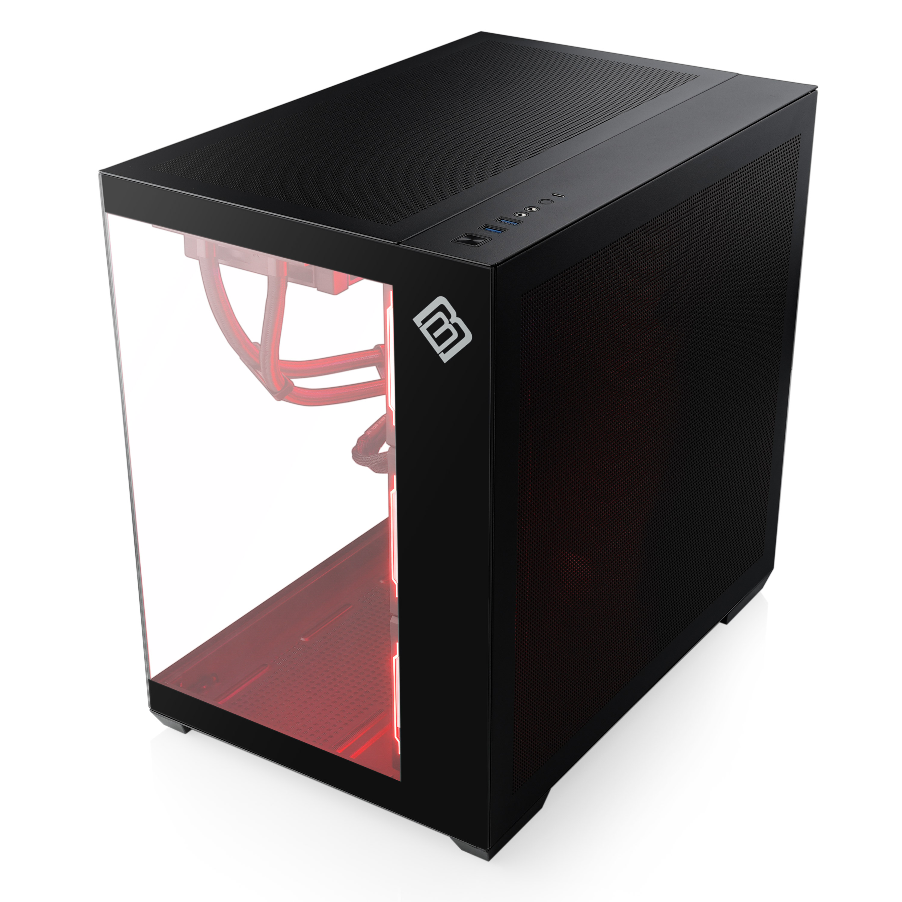 Ein schwarzes Computergehäuse mit einer durchsichtigen Seitenwand. Der Innenraum hat rote Lichter.