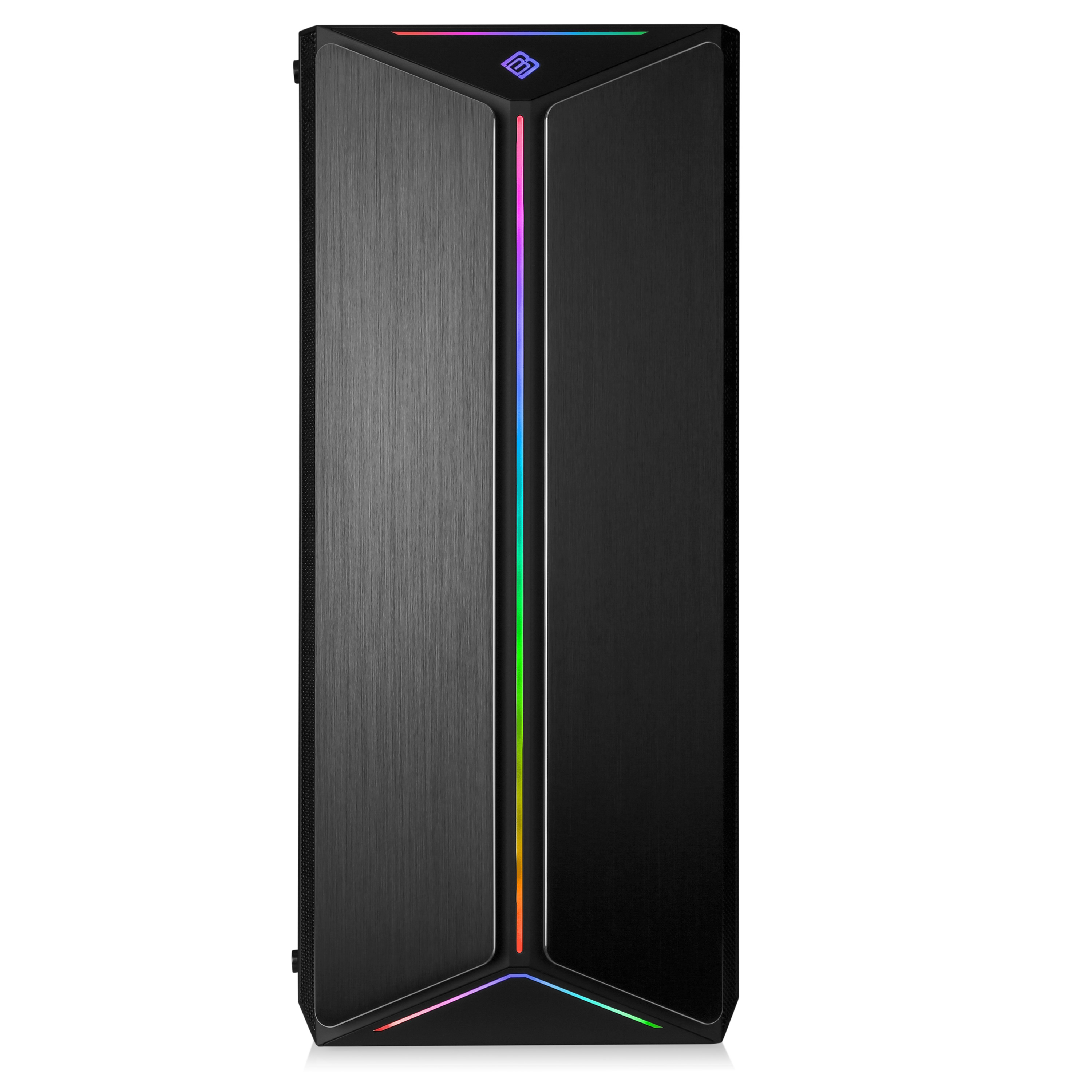 Hoher schwarzer Computer-Tower mit farbigen LED-Lichtstreifen auf der Vorderseite.