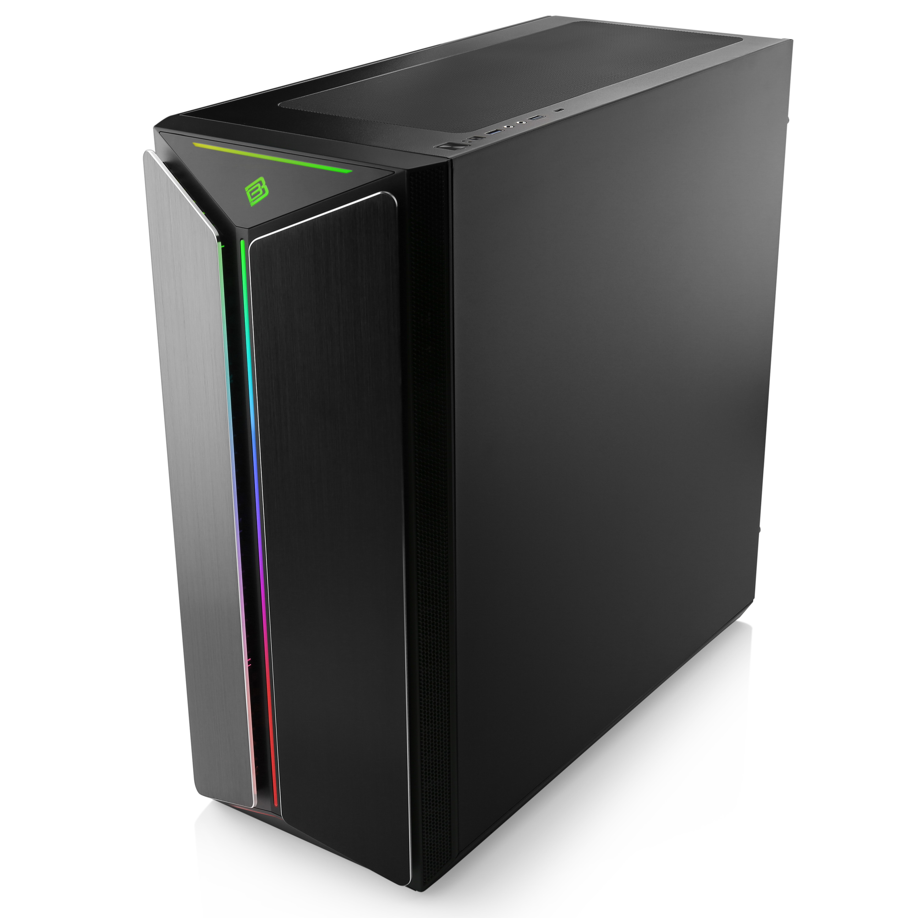 Ein schwarzes Computergehäuse mit RGB-Lichtern auf der Vorderseite. Die Seitenwand ist metallisch.