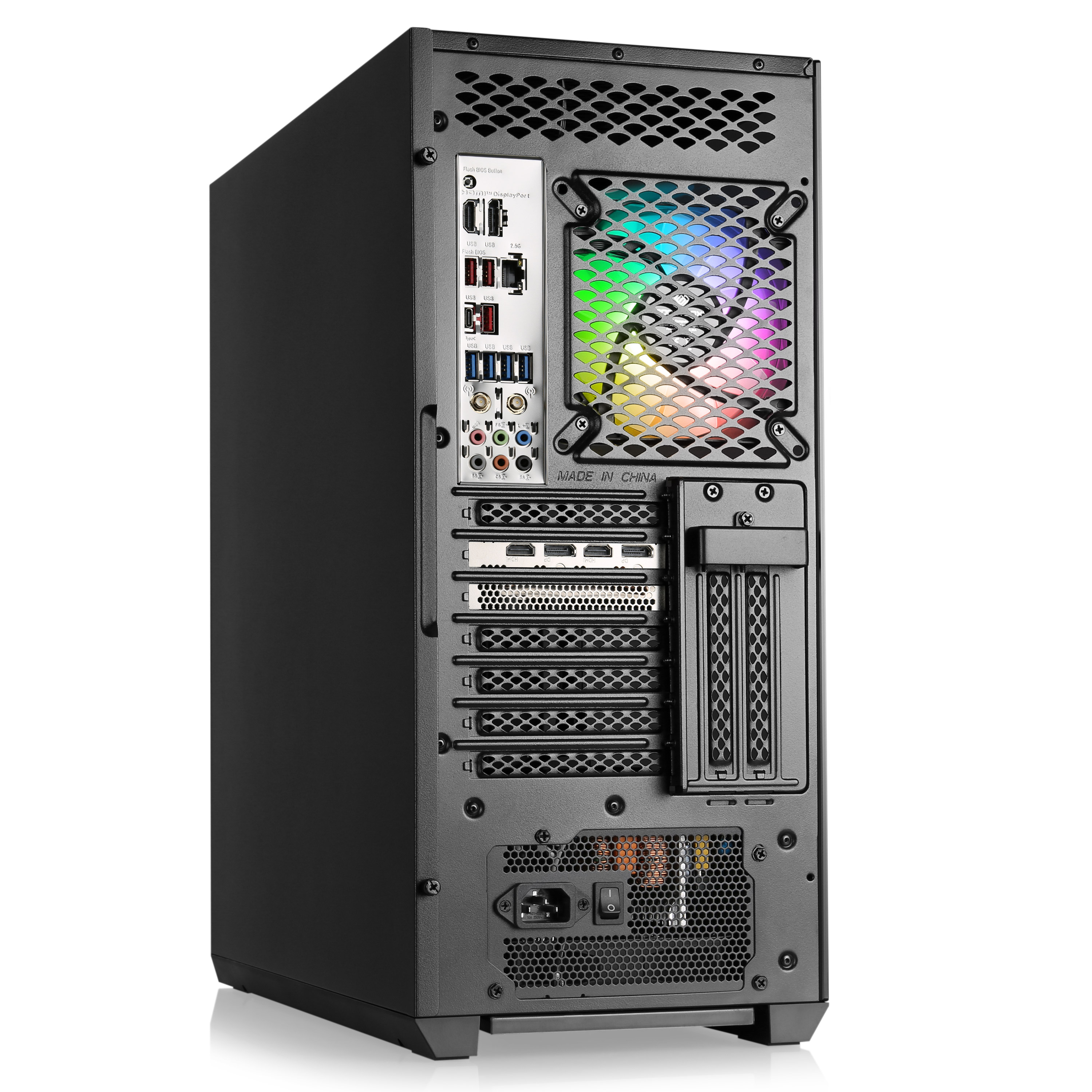 Ein schwarzes Computergehäuse. Die Rückseite des Gehäuses hat verschiedene Anschlüsse und einen Lüfter mit bunten Lichtern.