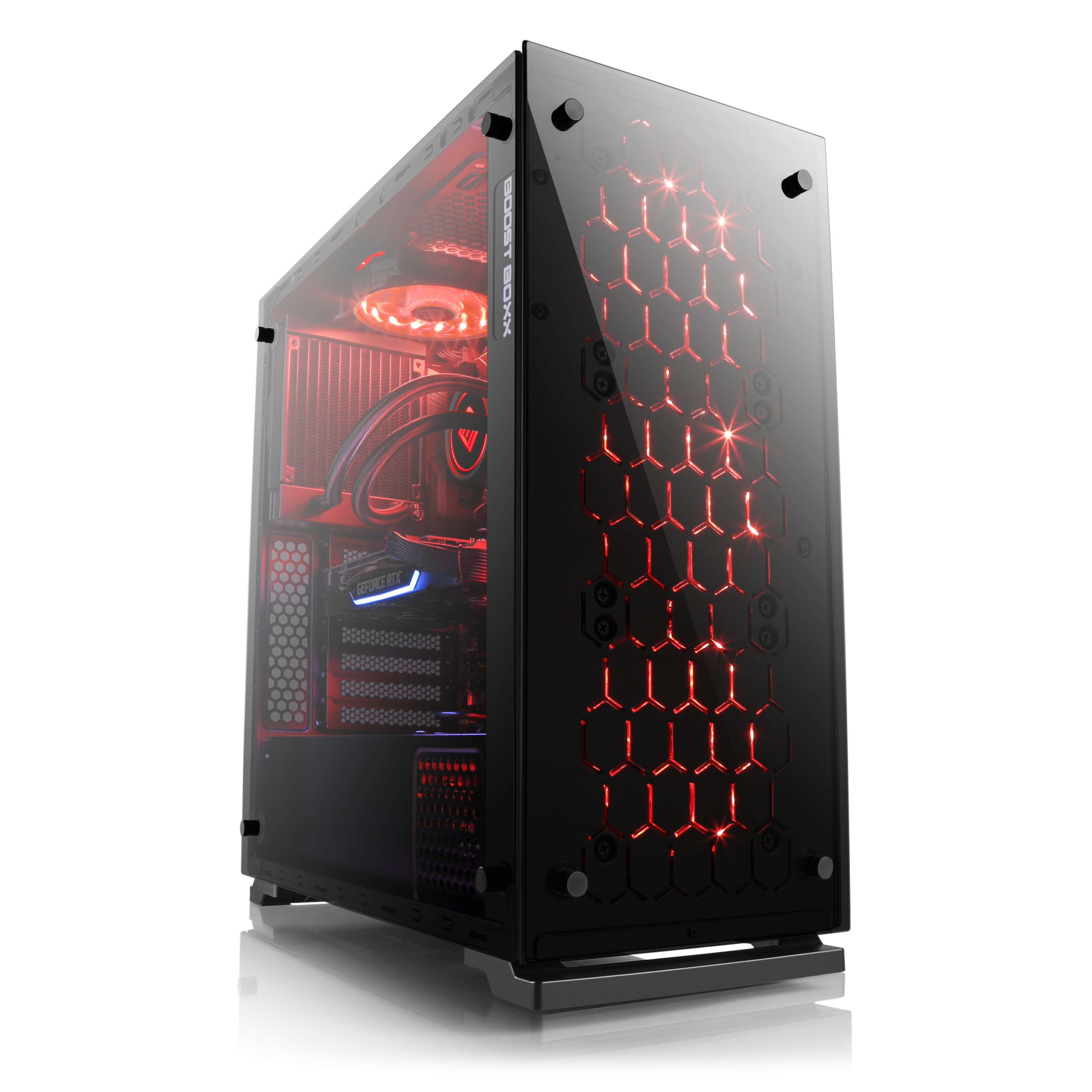 Schwarzes PC-Gehäuse mit roter Innenbeleuchtung und Glasfront.