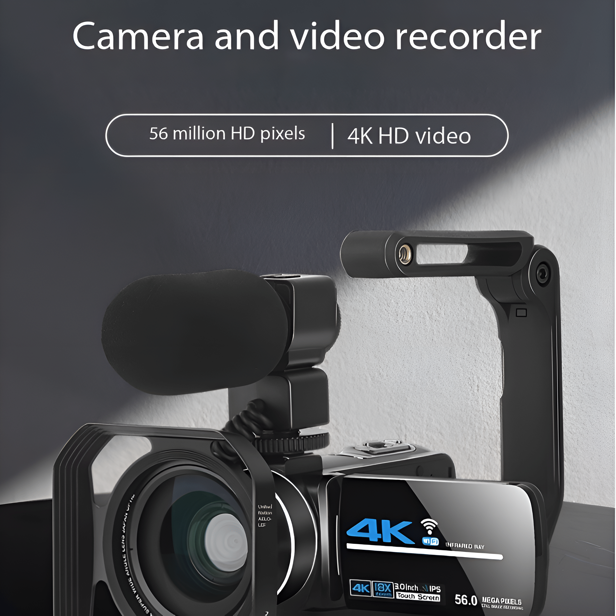 Kamera und Videorekorder mit Mikrofon. Zeigt 4K HD Video Funktionen.