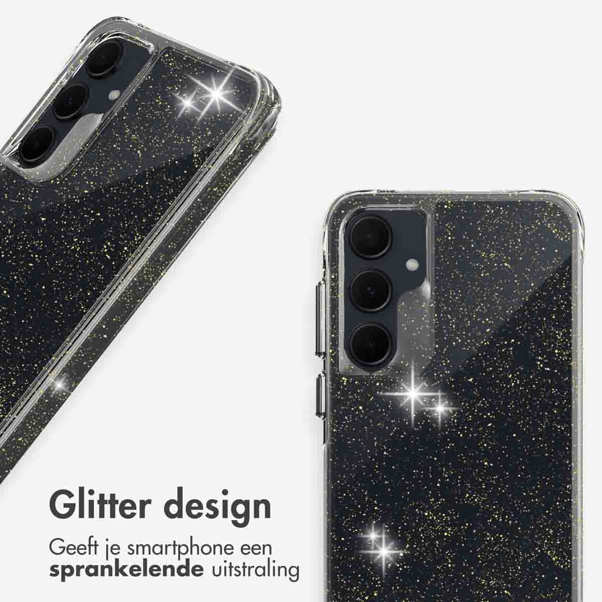 Glitter telefoonhoesje met glitters, met de hoes links en een telefoon rechts.