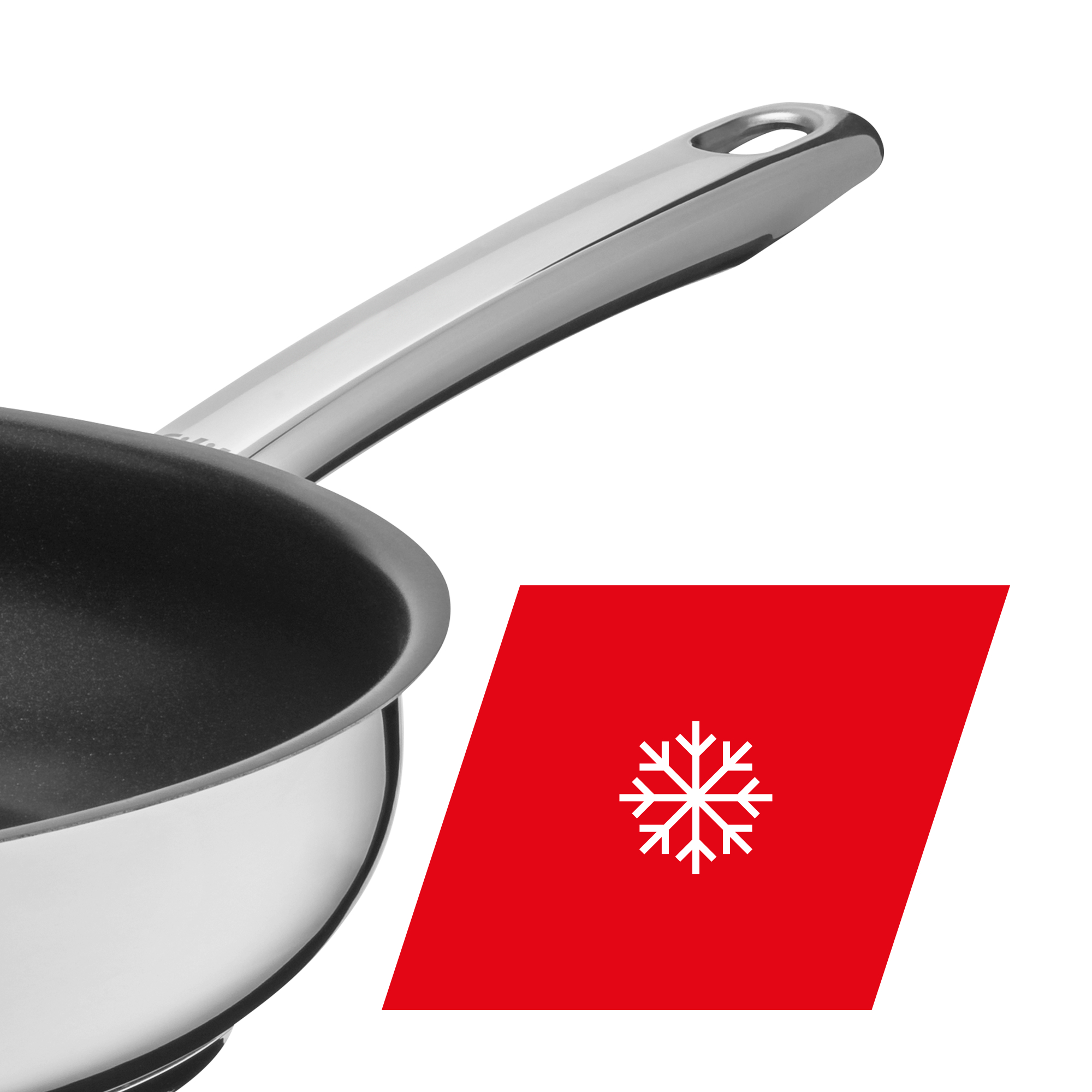 Eine Bratpfanne aus Edelstahl mit silbernem Griff und rotem Icon.