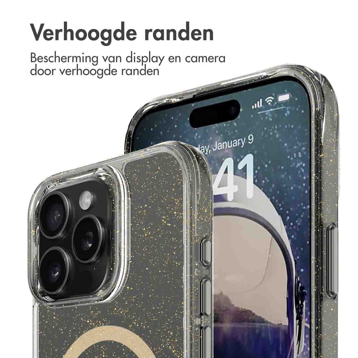 Telefoon in een doorzichtige hoes. De hoes heeft verhoogde randen voor scherm- en camerabescherming.
