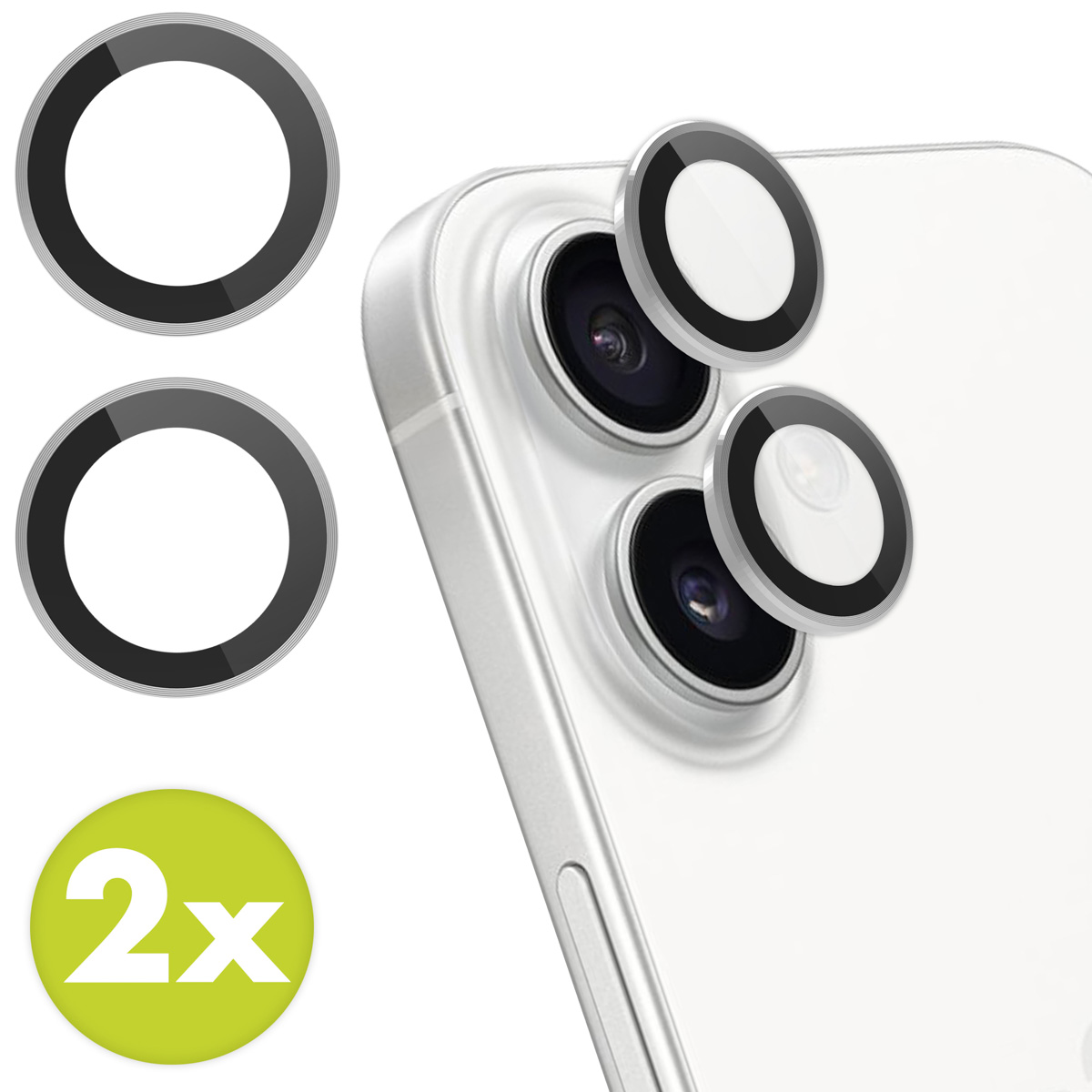 Twee cirkelvormige lensbeschermers op een witte telefoon. De beschermers zijn zwart met zilveren randen. Tekst zegt '2x'.