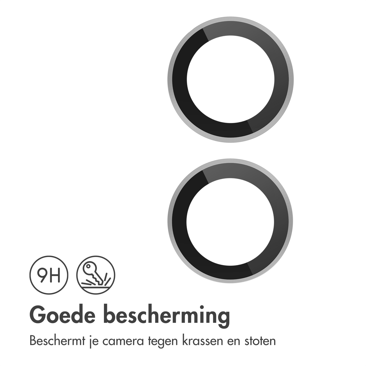 Twee zwarte cameralensbeschermers. Tekst: Goede bescherming, beschermt tegen krassen en stoten.